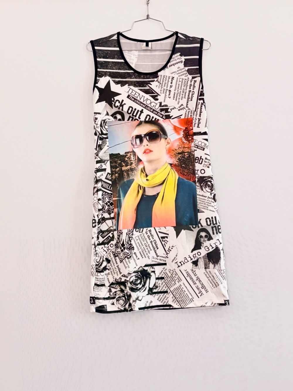 cleo Black and White Graphic Mini Dress with Multicolor Photo Print Large